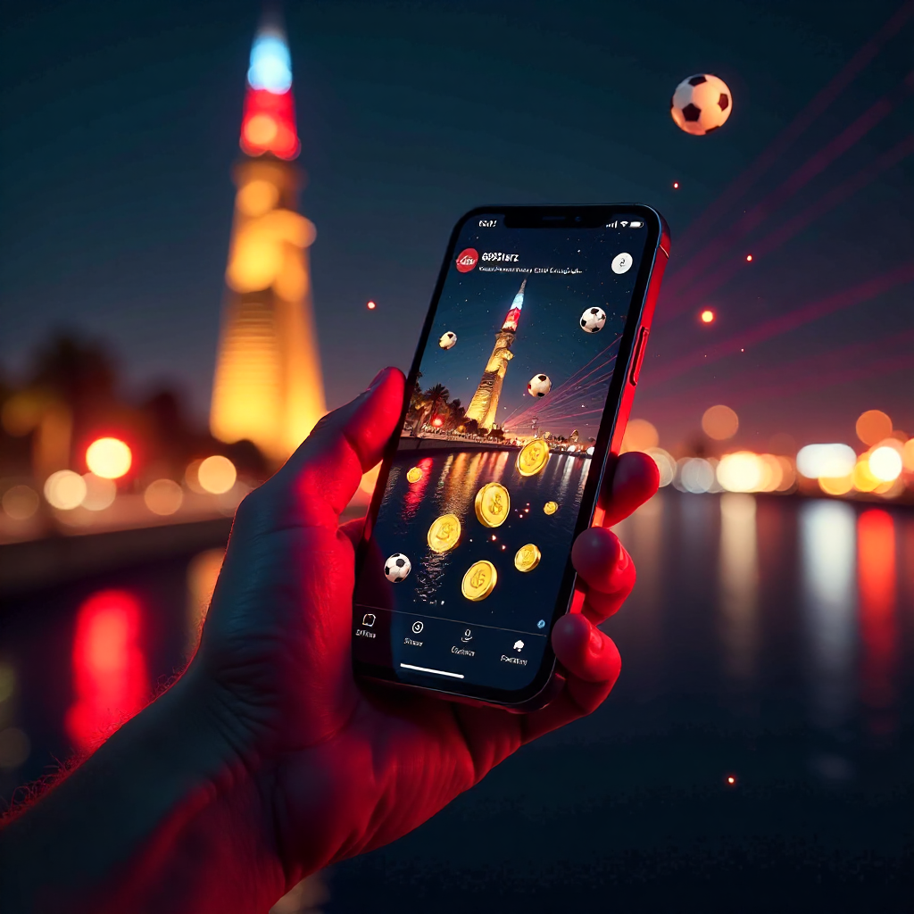 Futuristic hand holding a glass-transparent smartphone displaying 888starz official Arabic app, background is the Cairo Tower and Nile River at night with vibrant red laser beams and golden bokeh, 3D holographic gold EGP coins and soccer balls floating, n